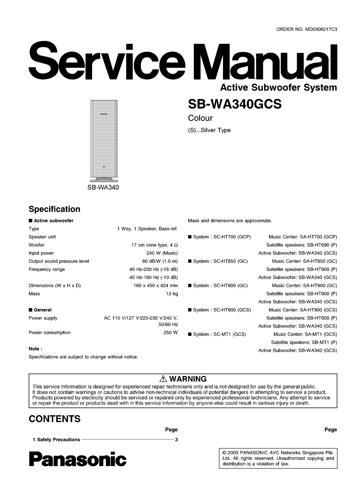 Panasonic SBWA-340-GCS Service manual