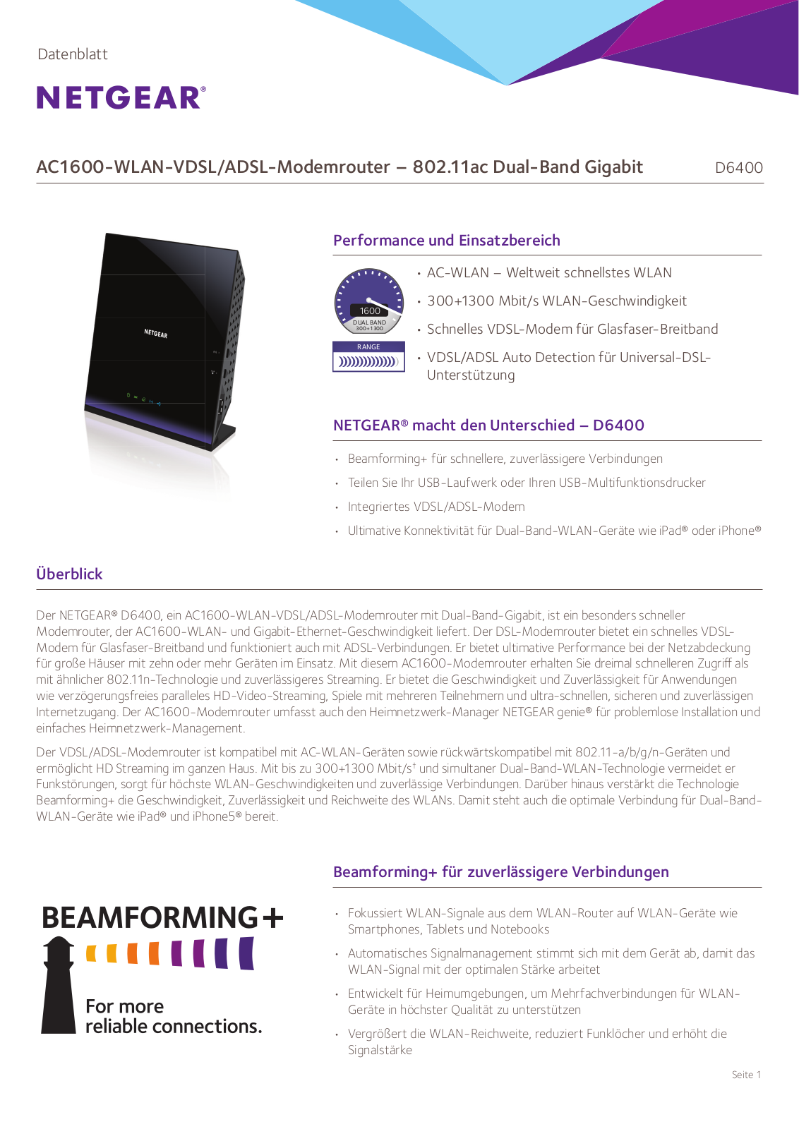 Netgear AC1600-WLAN-VDSL Datenblatt