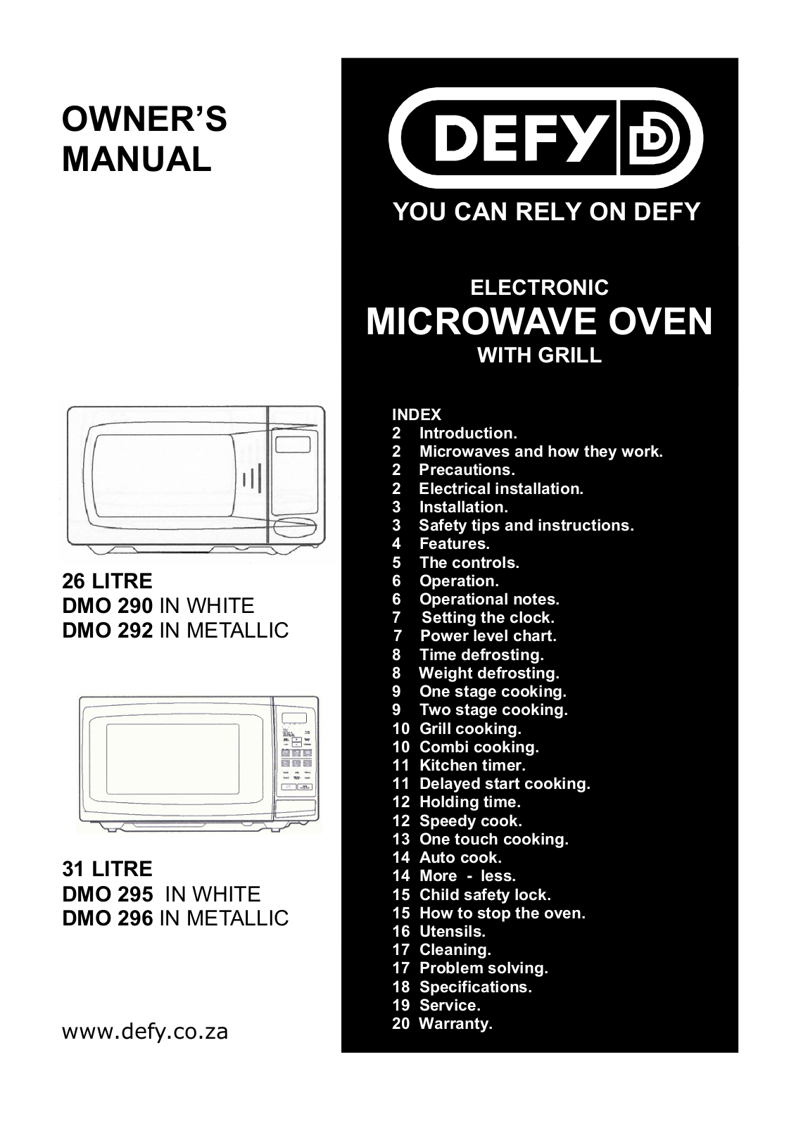 DEFY DMO290, DMO292, DMO295, DMO296 Owner's Manual