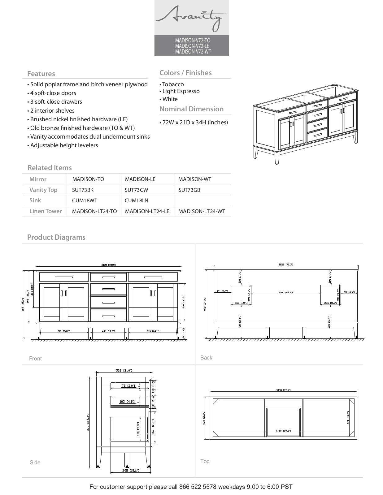 Avanity MADISONVS72WTC, MADISONVS72WTA, MADISONVS72WTB Specifications