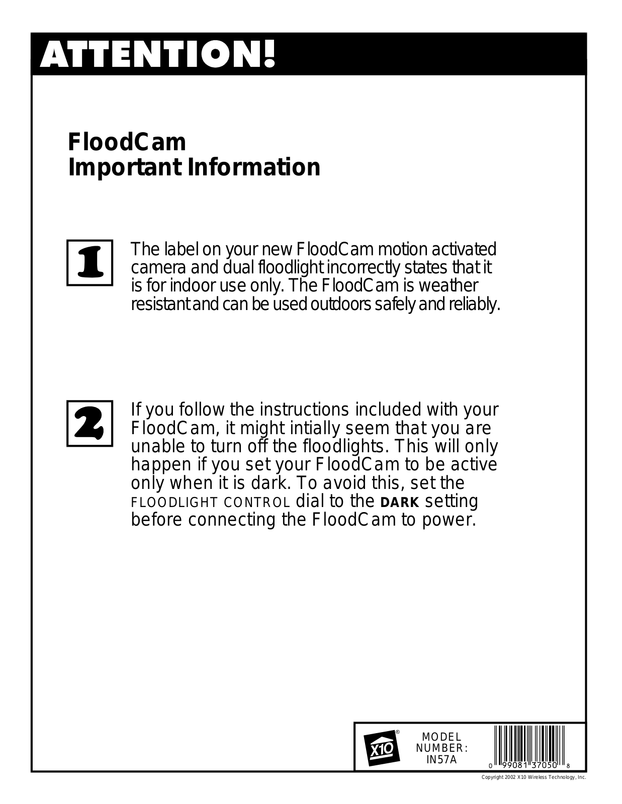 X10 IN57A IMPORTANT INFORMATION