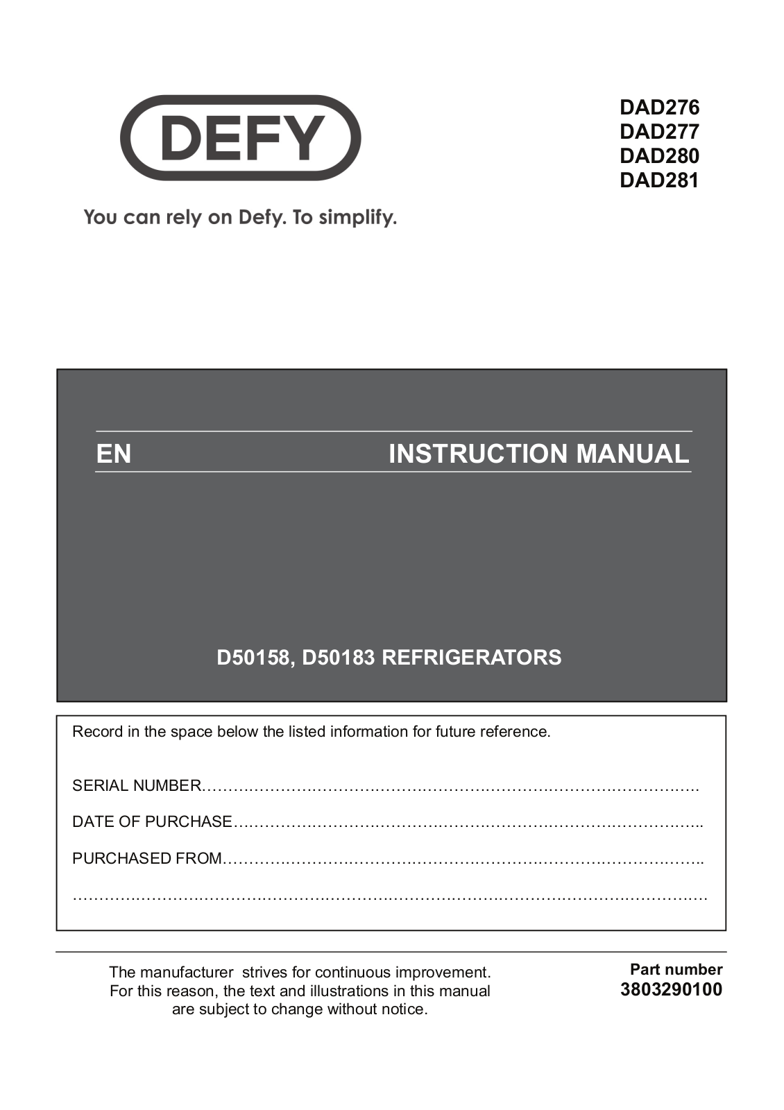 Defy D50158, D50183 User Manual