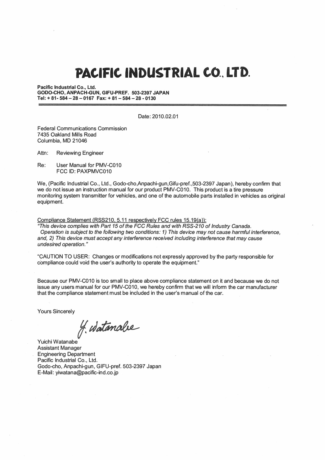 Pacific PMVC010 Manual Letter