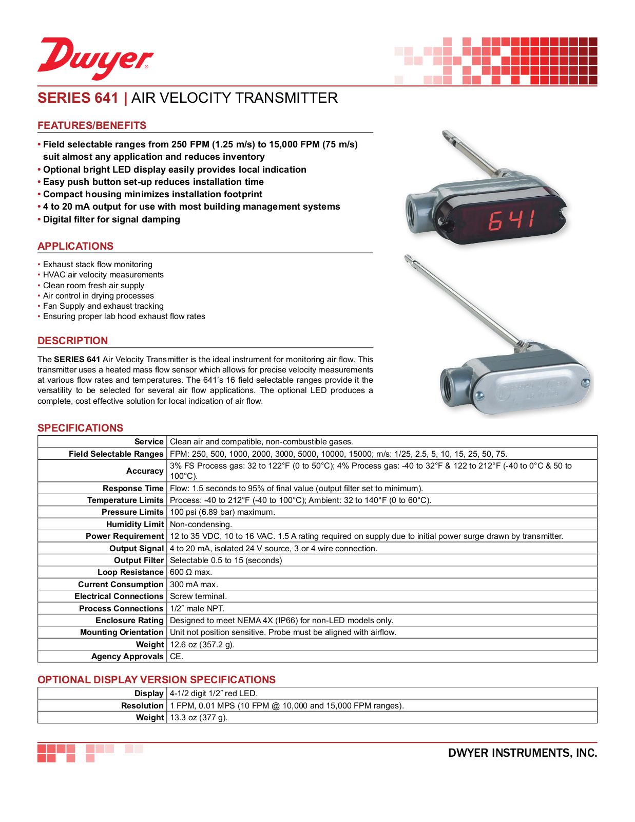 Dwyer Instruments SERIES 641 Data Sheet