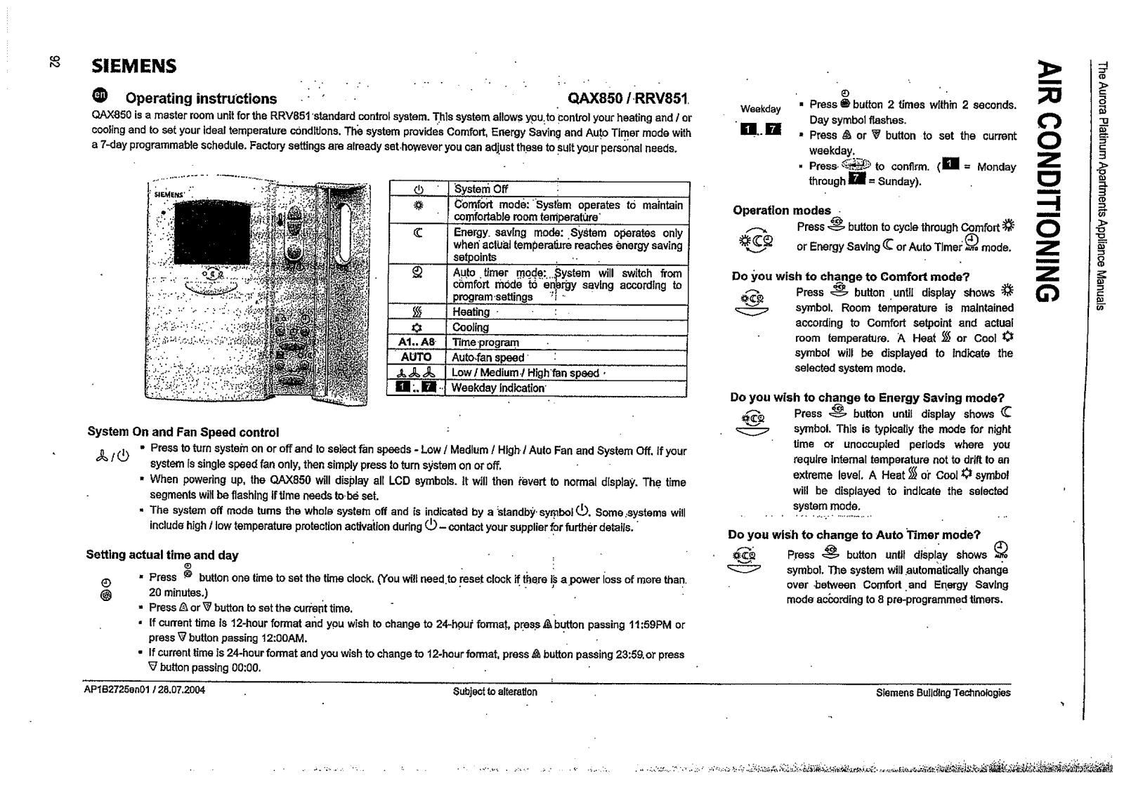 Siemens QAX850,RRV851 Operating Manual