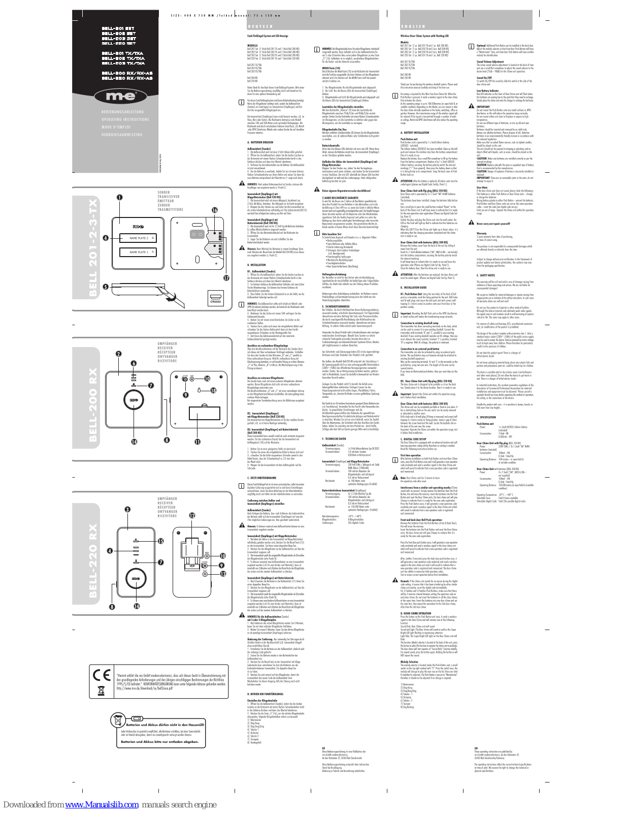 M-E BELL-201 SET, BELL-203 SET, BELL-220 SET, BELL-202 SET, BELL-201 TXA Operating Instructions Manual