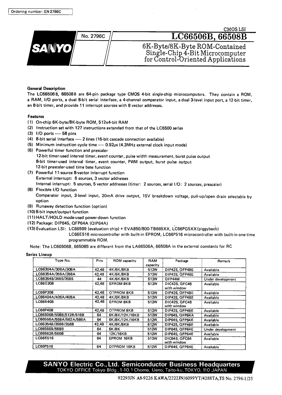 SANYO LC66508B, LC66506B Datasheet