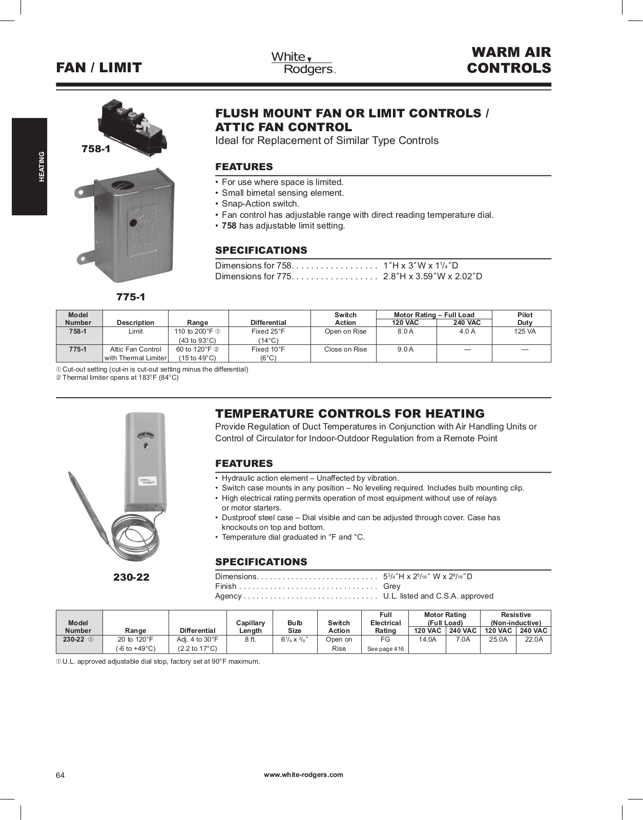 White Rodgers 758-1, 230-22 Catalog Page