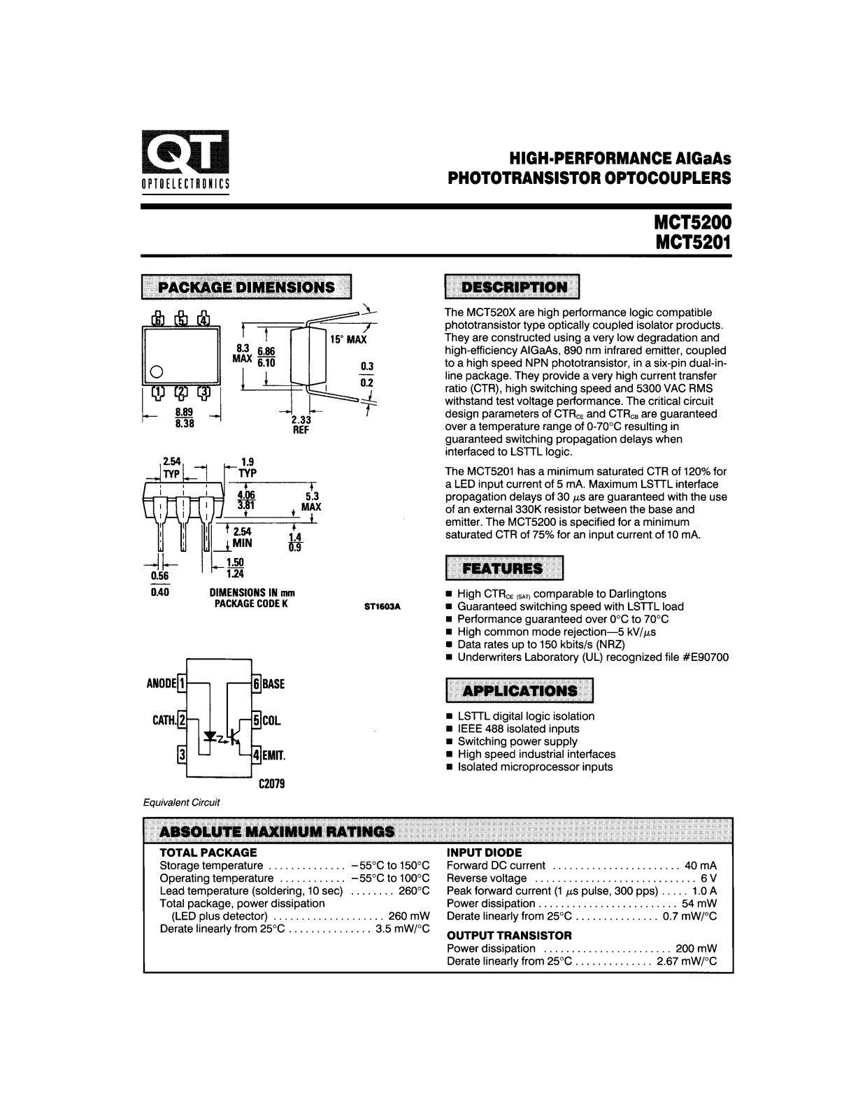 QT MCT5201, MCT5200 Datasheet