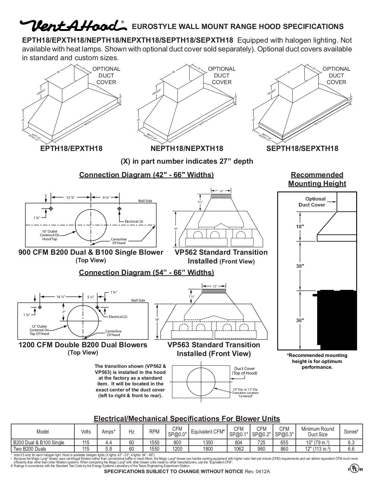 Vent-A-Hood EPXTH18348SS Specs