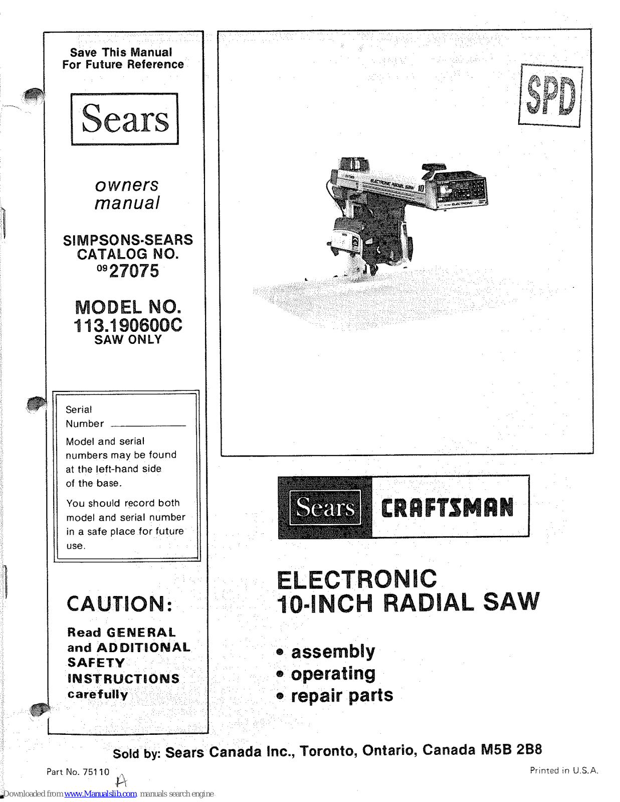 Sears 113.190600C Owner's Manual