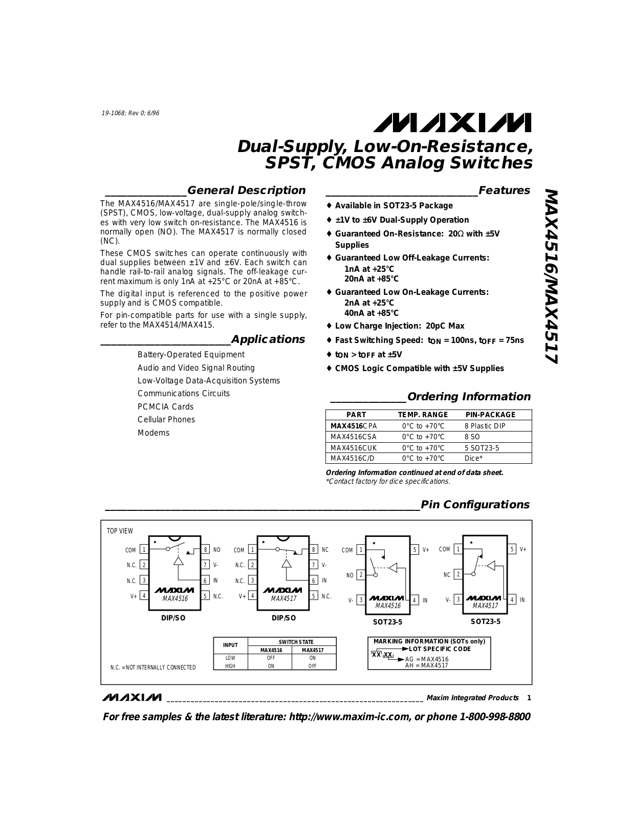 Maxim MAX4517MJA, MAX4517EUK, MAX4517ESA, MAX4516CSA, MAX4516CPA Datasheet