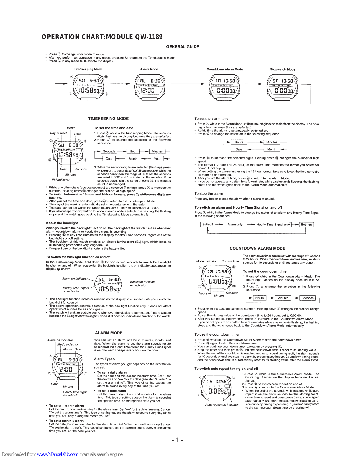 Casio G-Shock DW290-1V, QW-1189 Operation Chart