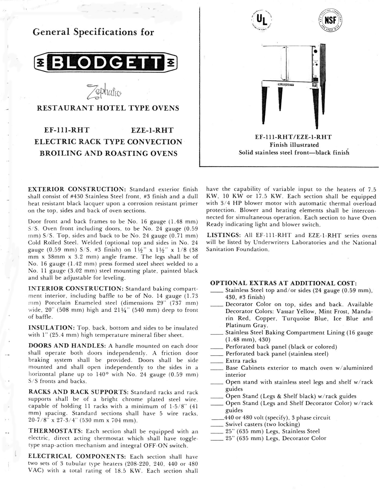 Blodgett EF-111-RHT, EF User Manual