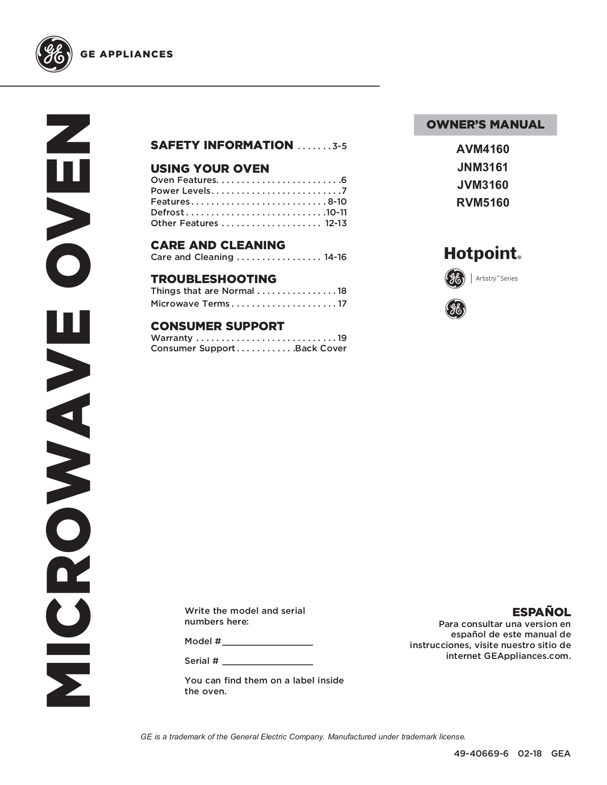 Hotpoint RVM5160RH3SS, RVM5160RH2SS, RVM5160RH1SS, RVM5160DH3WW, RVM5160DH3CC Owner’s Manual