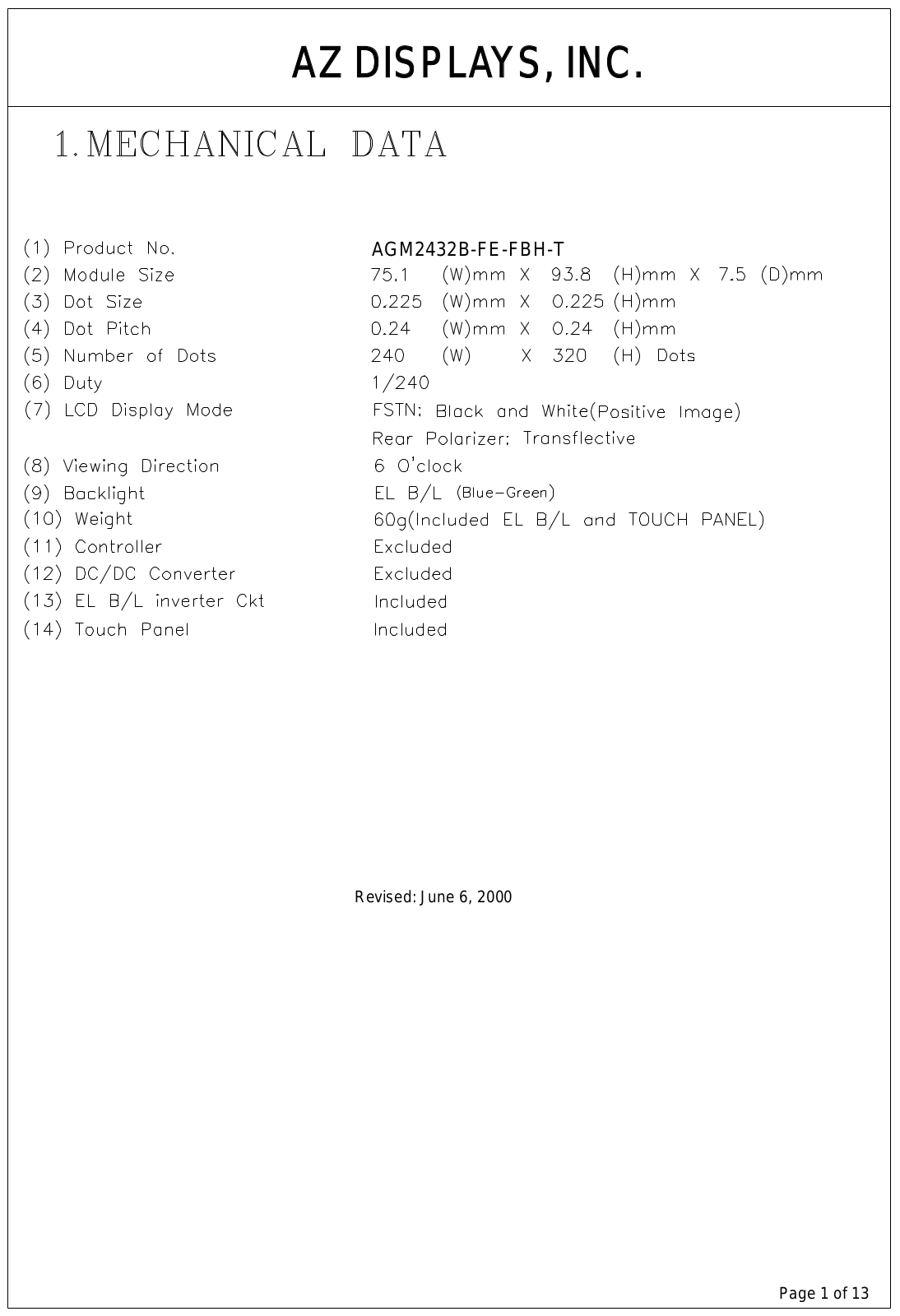 AZDIS AGM2432B-FE-FBH-T Datasheet