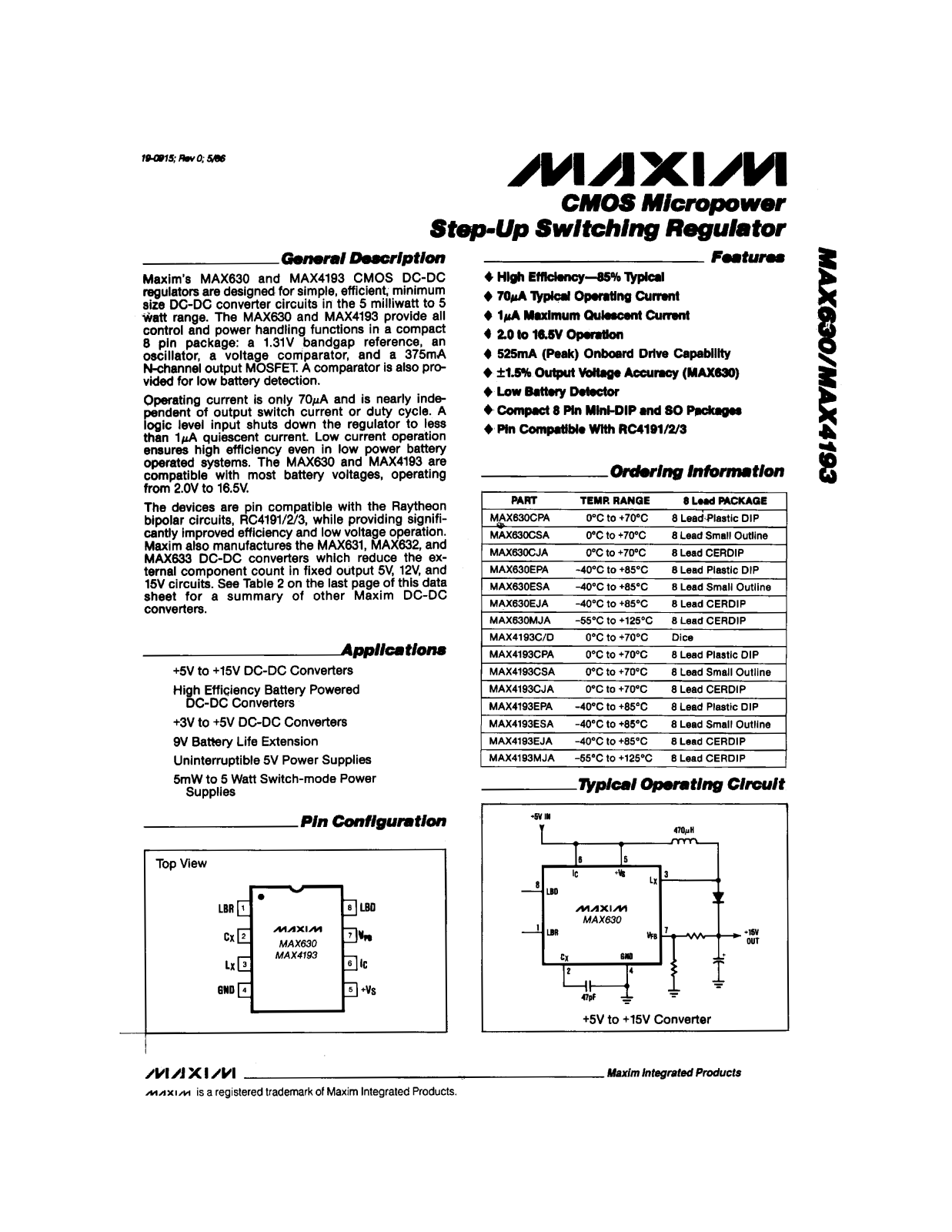 Maxim MAX630MJA, MAX630ESA, MAX630EPA, MAX630EJA, MAX630CSA Datasheet