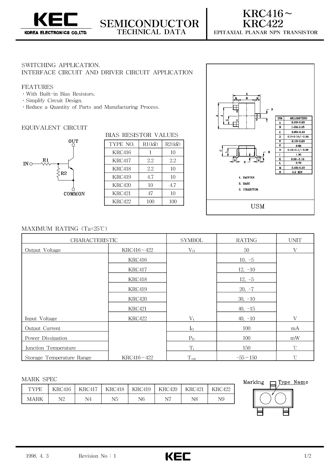 KEC KRC422, KRC419, KRC418, KRC417, KRC416 Datasheet