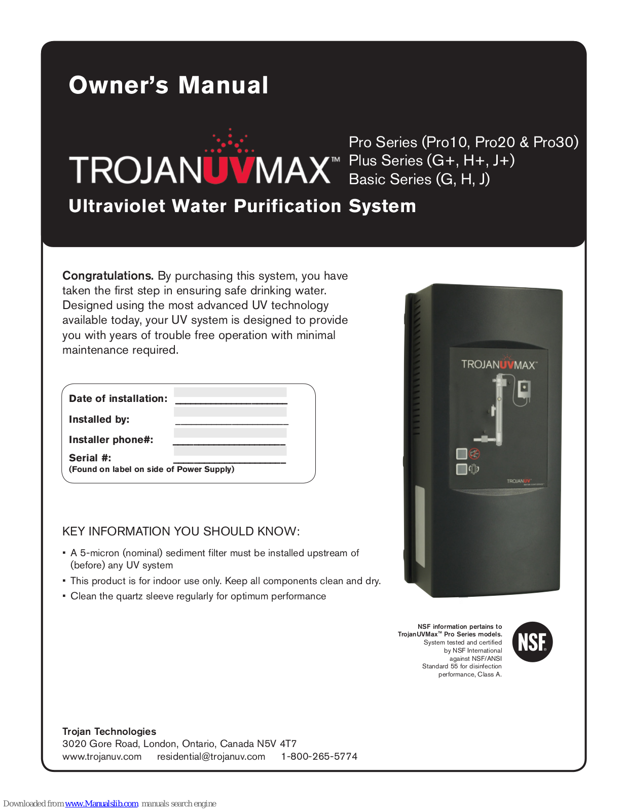 Trojan TrojanUVMax J+, TrojanUVMax Pro20, TrojanUVMax Pro30, TrojanUVMax G, TrojanUVMax H Owner's Manual