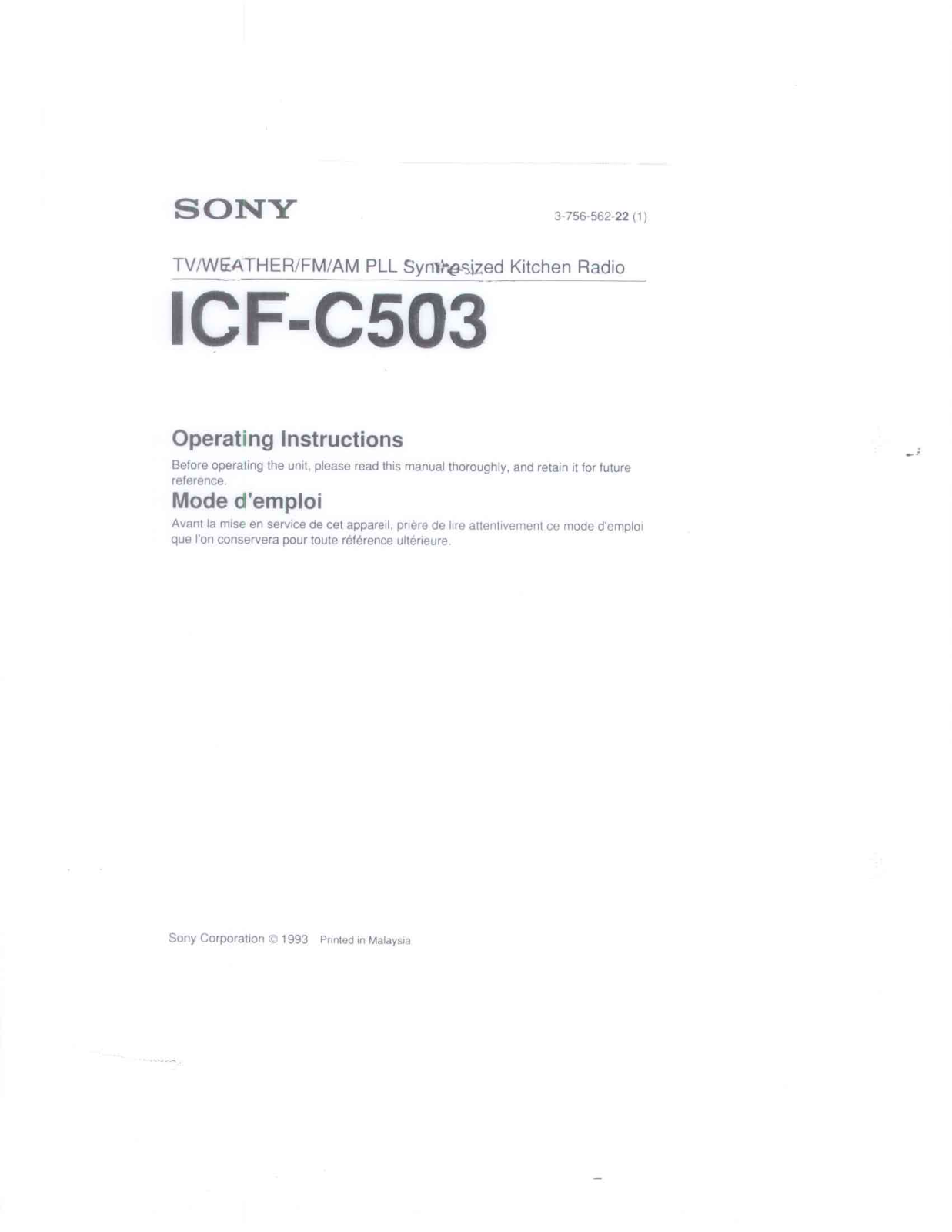 Sony ICF-C503 Operating Instructions