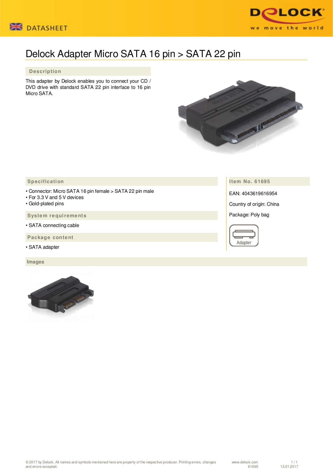 DeLOCK Adapter Micro SATA 16 pin - SATA 22 pin User Manual