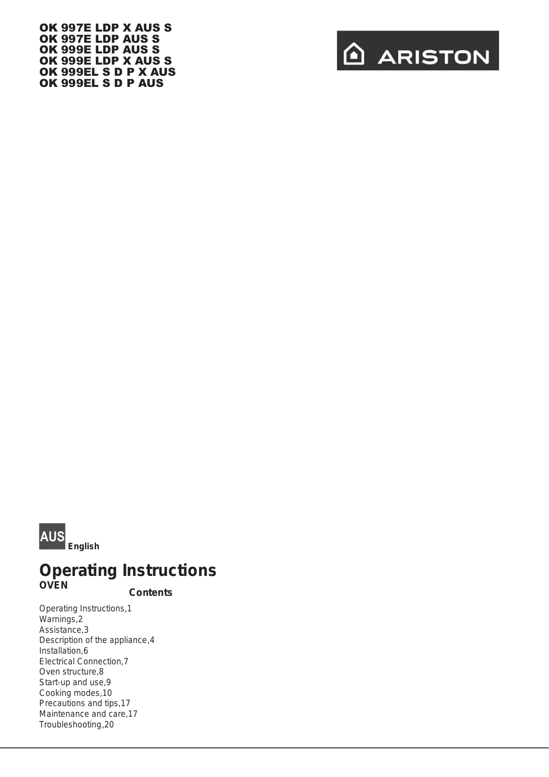 Ariston OK 999E LDP X AUS S, OK 999EL S D P AUS, OK 999E LDP AUS S, OK 999EL S D P X AUS, OK 997E LDP AUS S User Manual