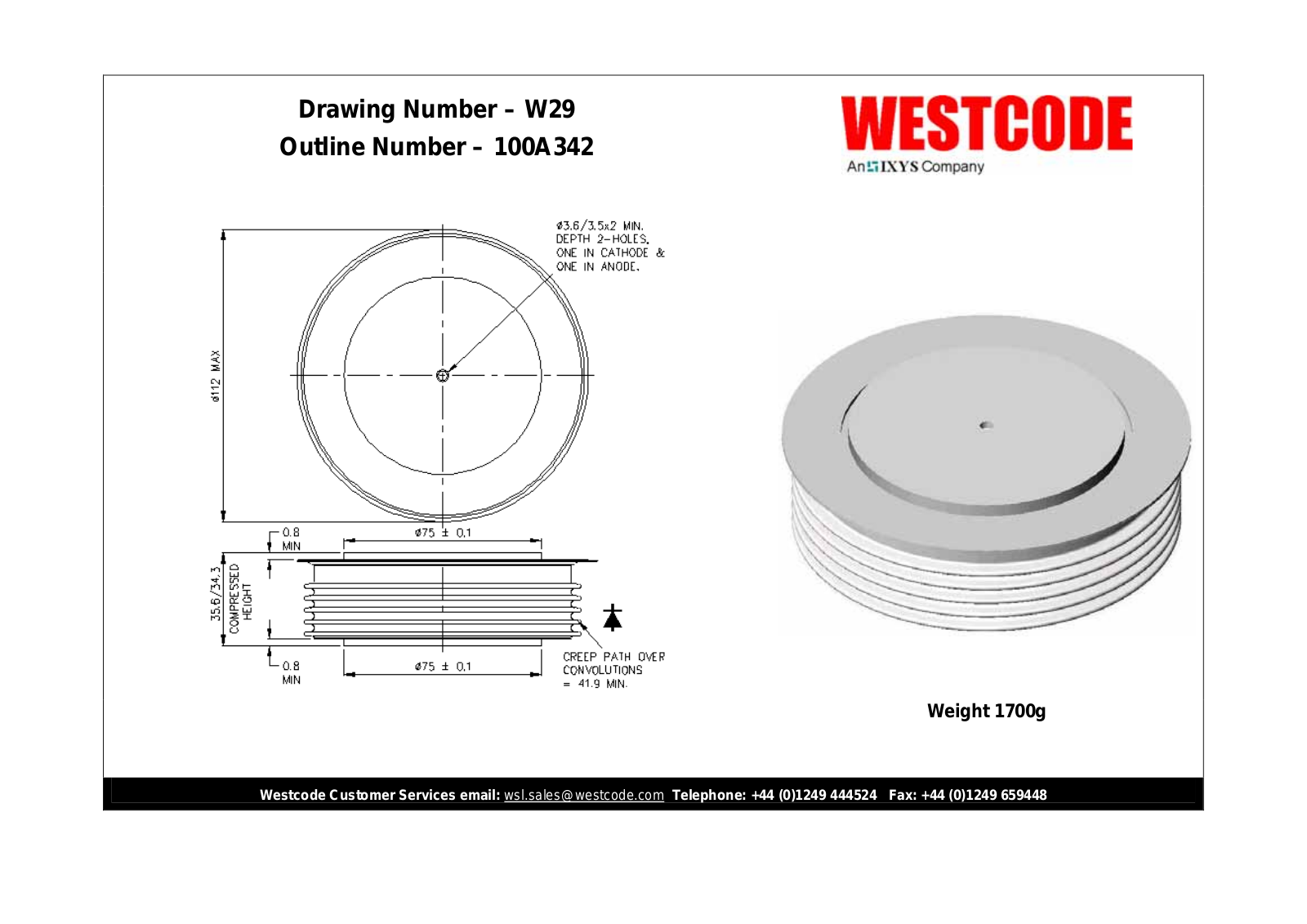 Westcode Semiconductors W29 100A342 Dimensional Sheet