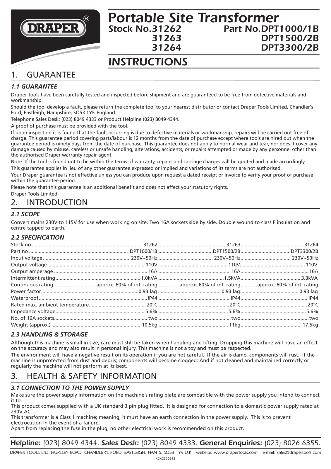 Draper Tools 31263 Instructions
