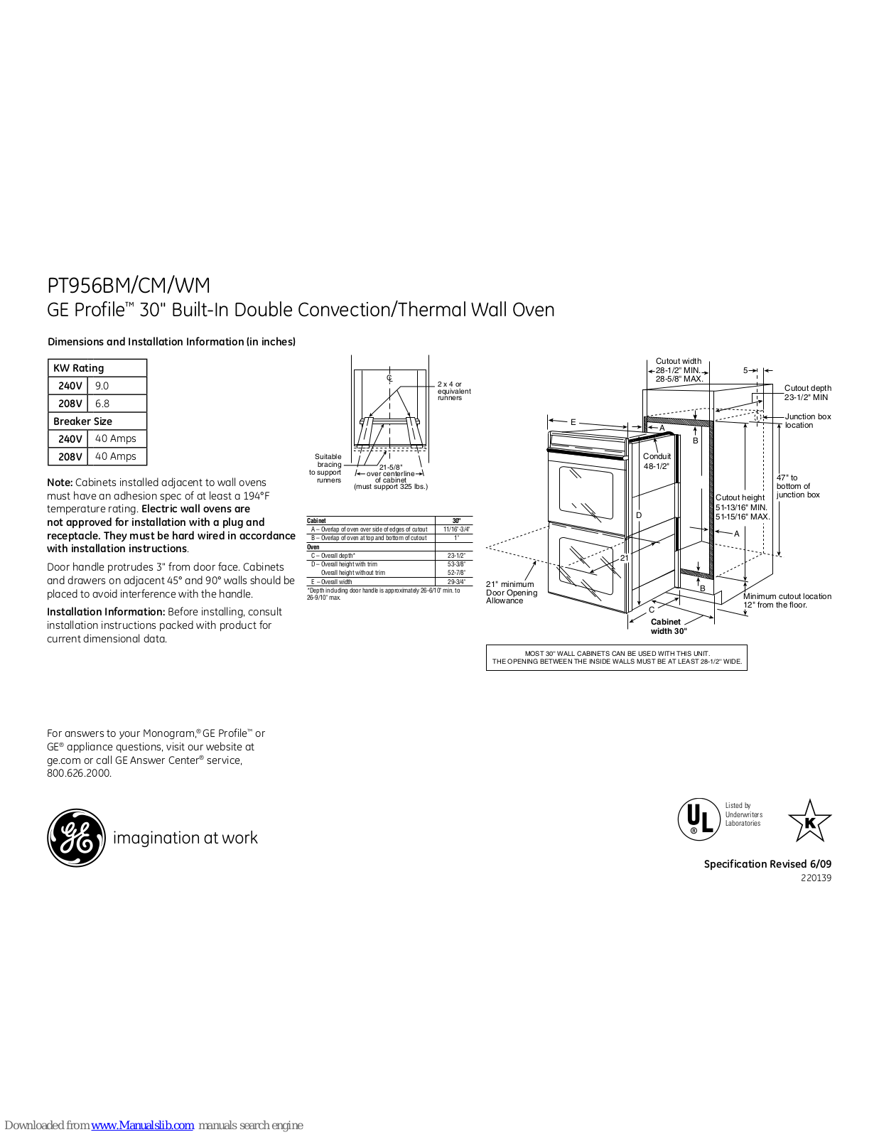 GE Profile PT956, Profile PT956BMBB, Profile PT956CMCC, Profile PT956WMWW Dimensions And Installation Information