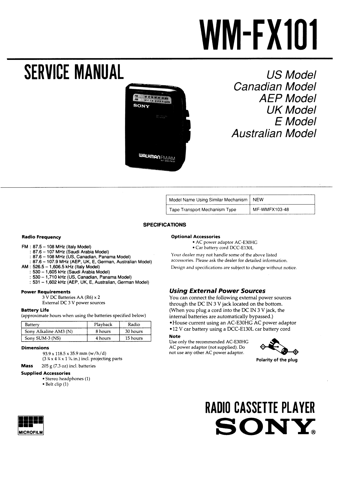 Sony WM-FX101 Service manual