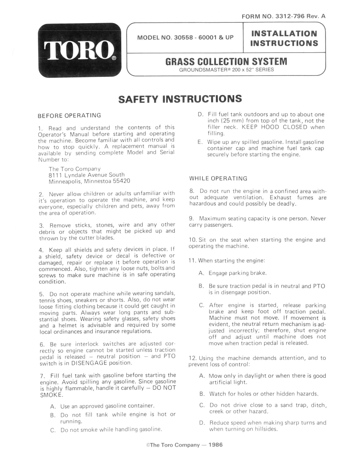 Toro 30558 Installation Instructions