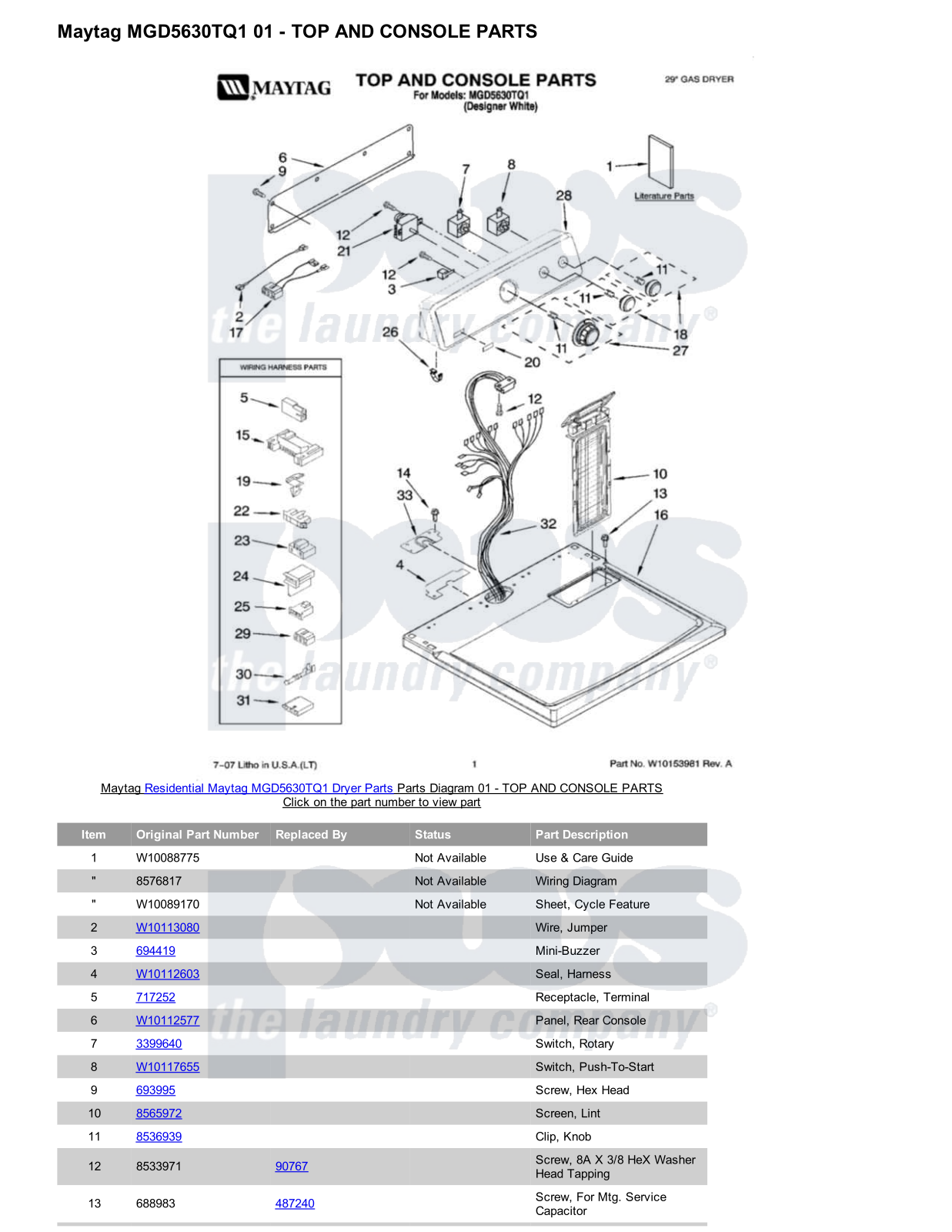 Maytag MGD5630TQ1 Parts Diagram