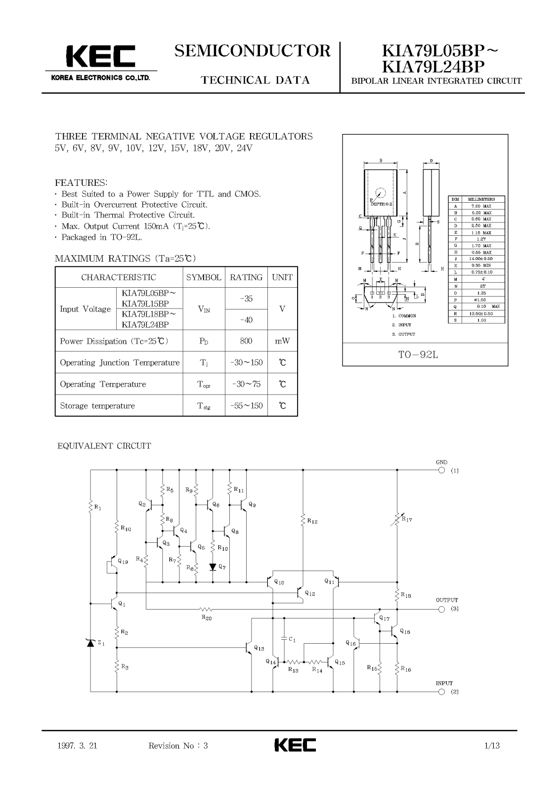 KEC KIA79L24BP, KIA79L18BP, KIA79L15BP, KIA79L12BP, KIA79L10BP Datasheet