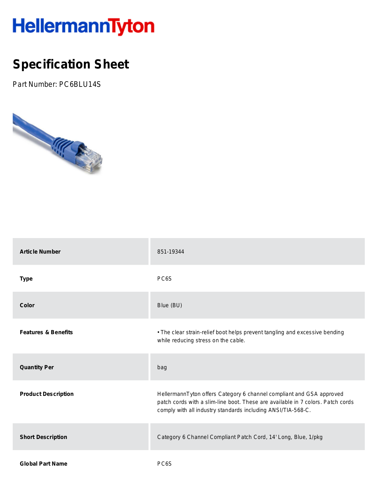 HellermannTyton PC6BLU14S Specification Sheet - ManualMachine.com