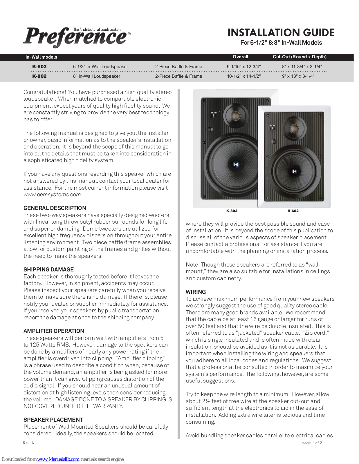 Preference K-602, K-802 Installation Manual - ManualMachine.com