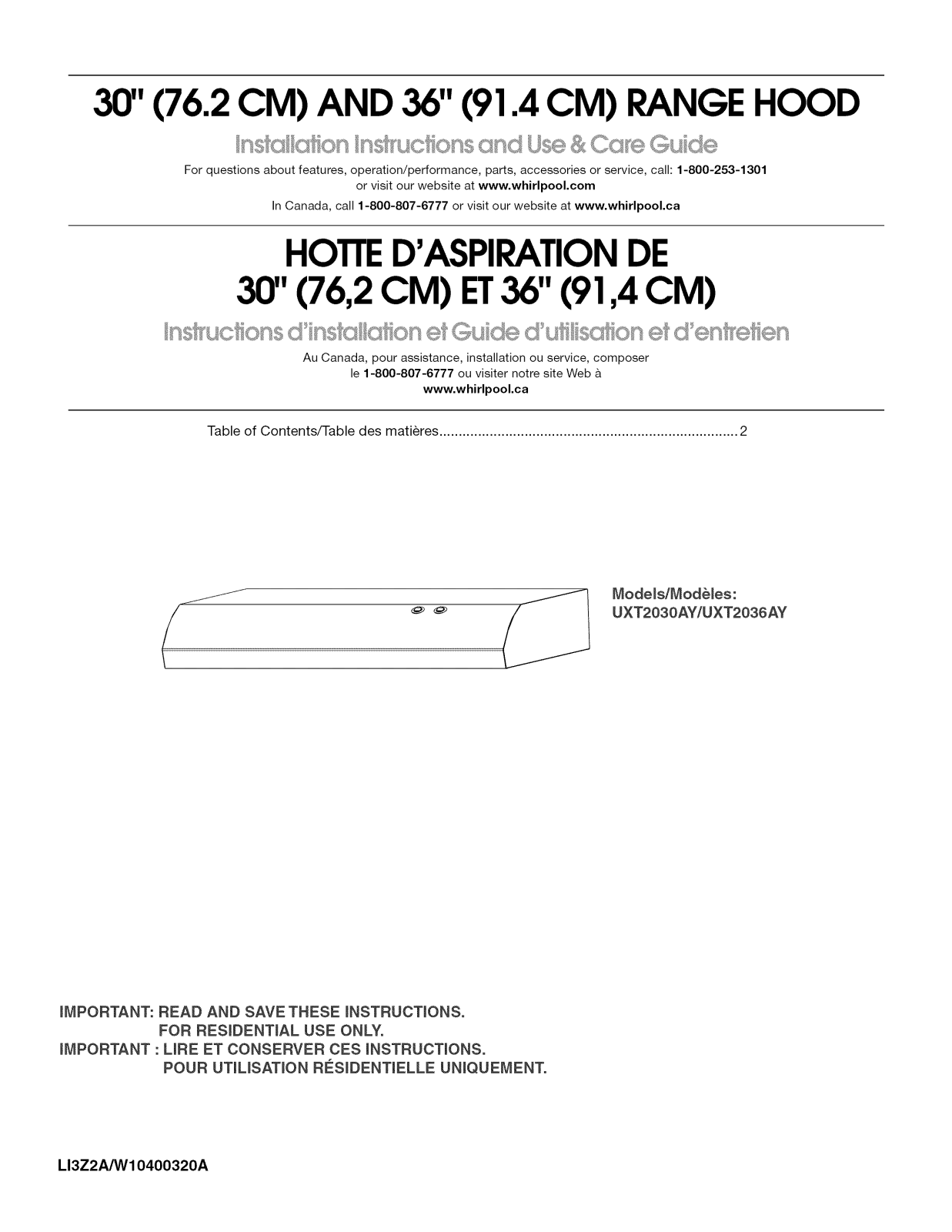 Whirlpool UXT2036AYB0, UXT2036AYW0, UXT2030AYW0, UXT2030AYB0 Owner’s Manual