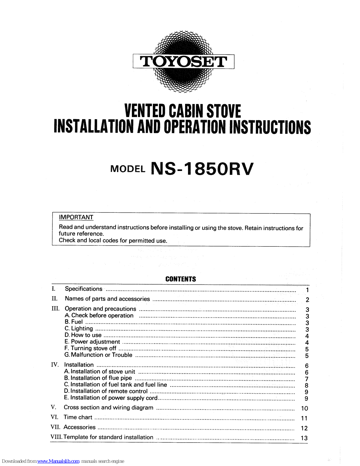 Toyoset NS-1850RV Installation And Operation Instructions Manual