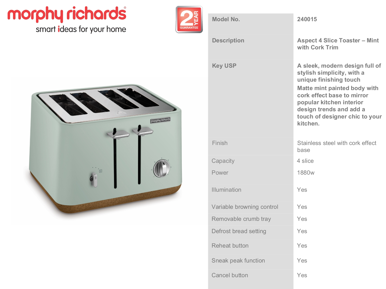 Morphy Richards 240015 Specifications Sheet