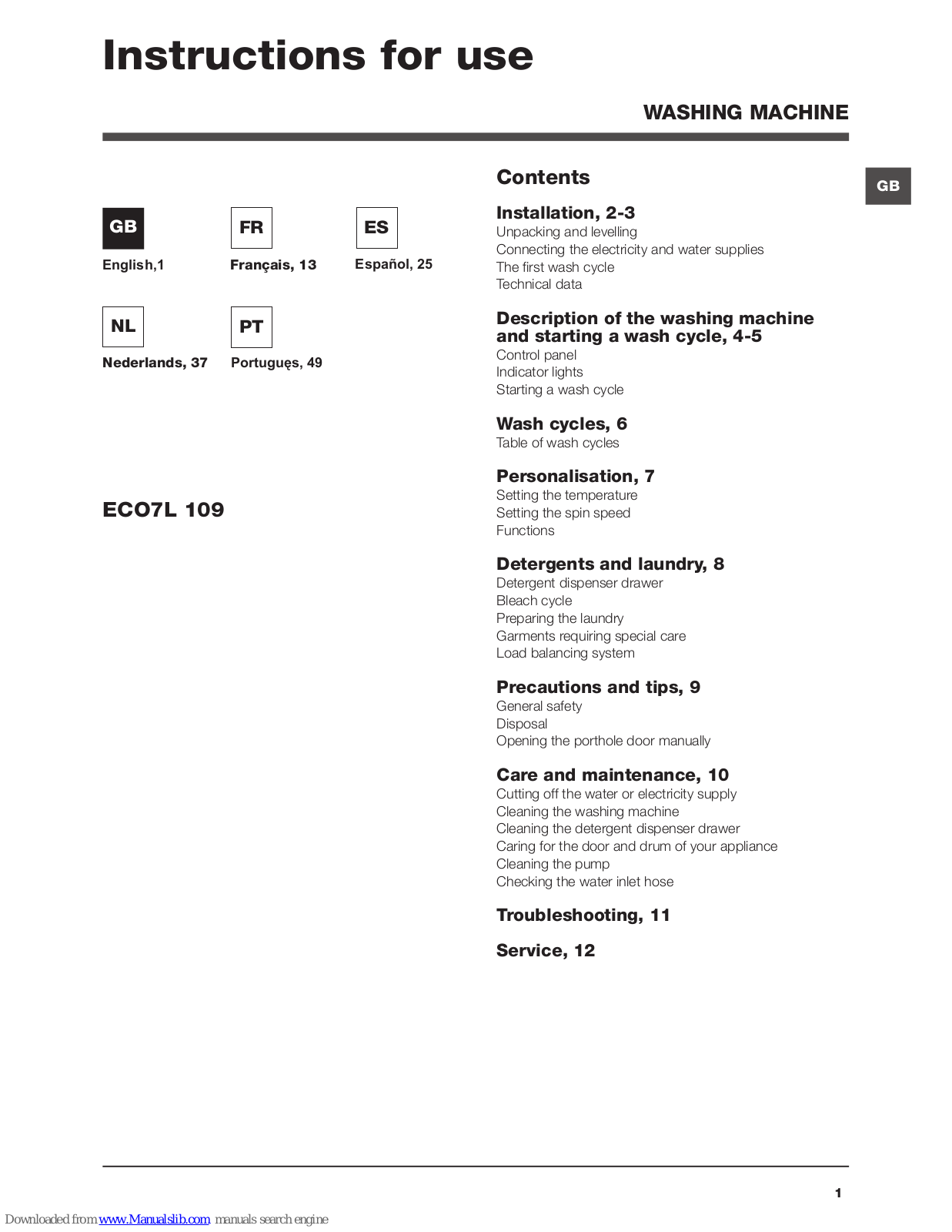 Hotpoint Ariston ECO7L 109 Instructions For Use Manual