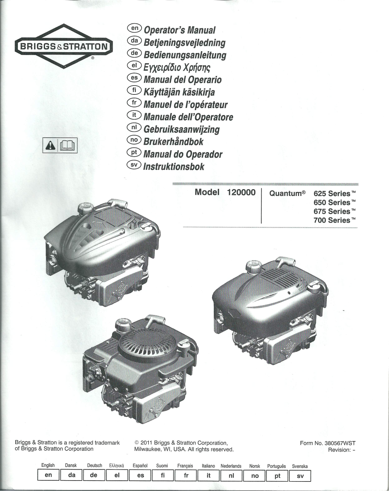 BRIGGS & STRATTON MODEL 120000, QUANTUM 625 SERIES, QUANTUM 650 SERIES, QUANTUM 675 SERIES, QUANTUM 700 SERIES User Manual