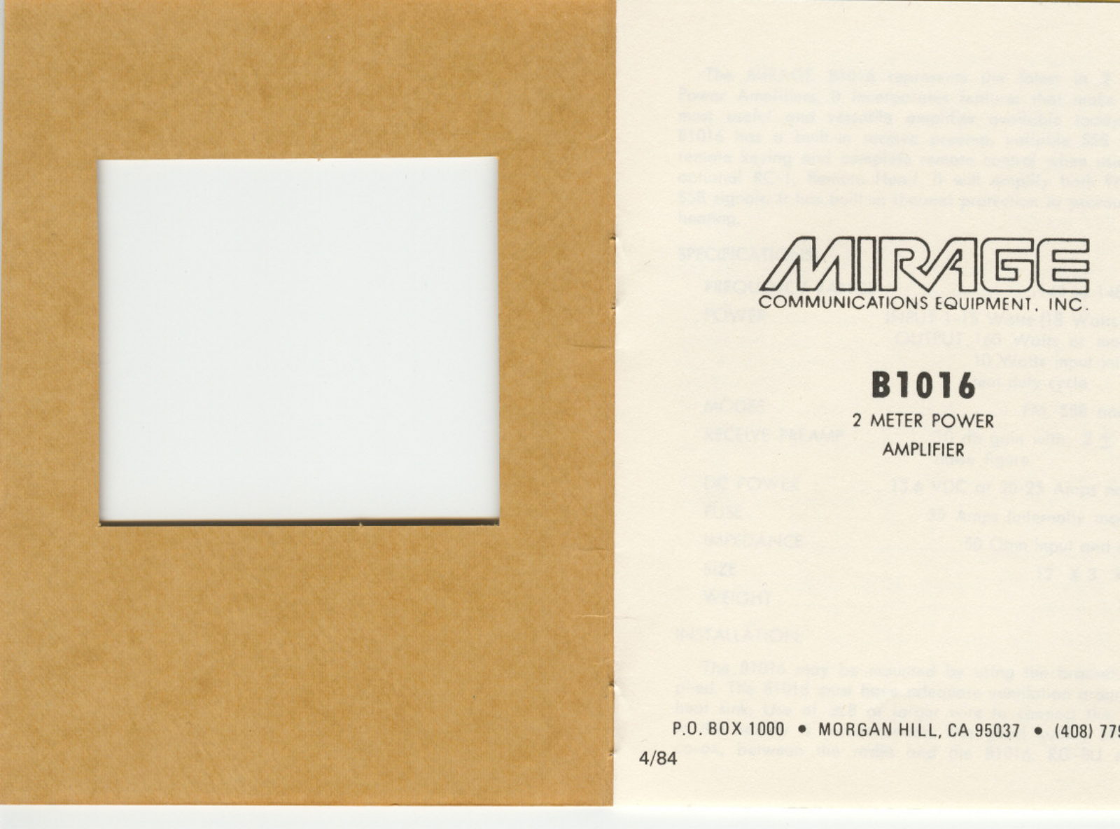 Mirage B1016 Service manual