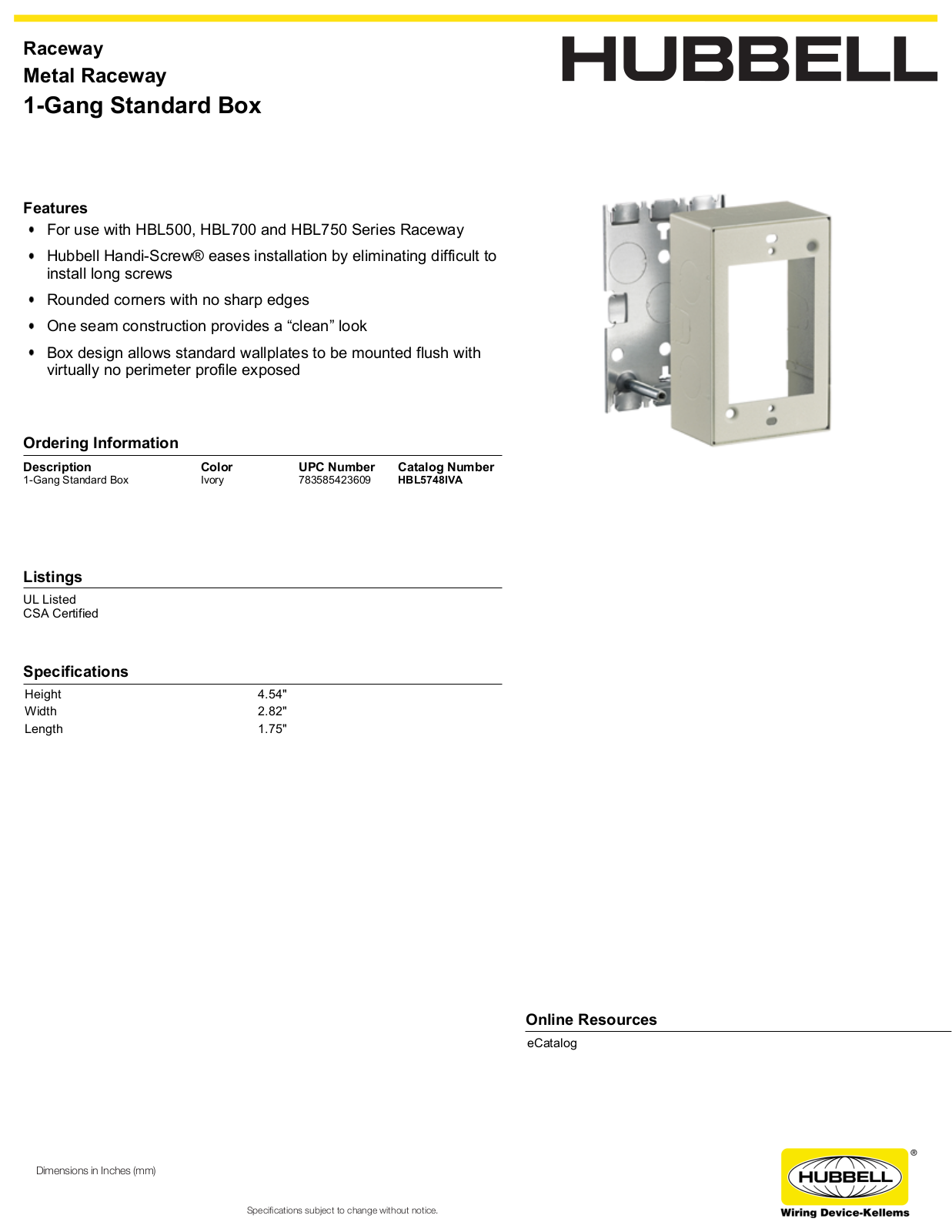 Hubbell HBL5748IVA Specifications