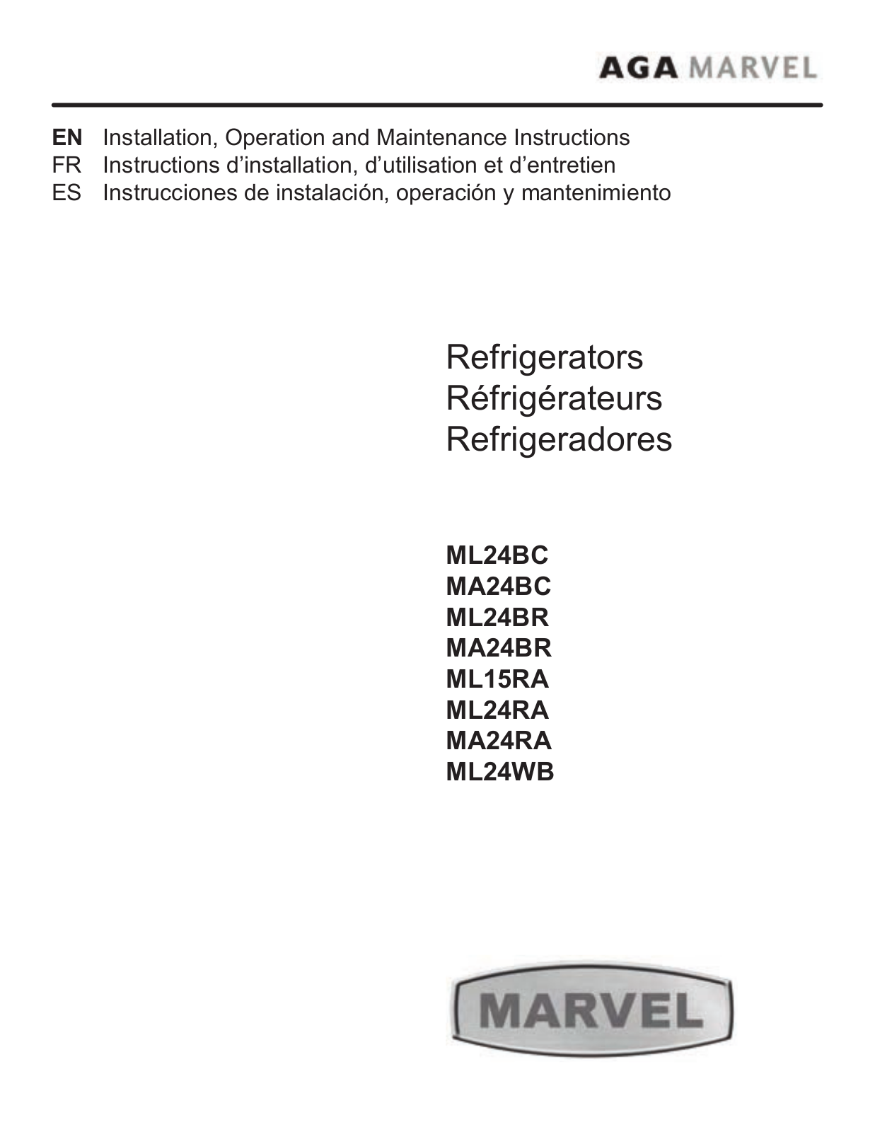 Marvel MA24RAP3RP, ML24BRF3RP, MA24RAP3LP, MA24RAS2RS, MA24RAS2LS User Manual