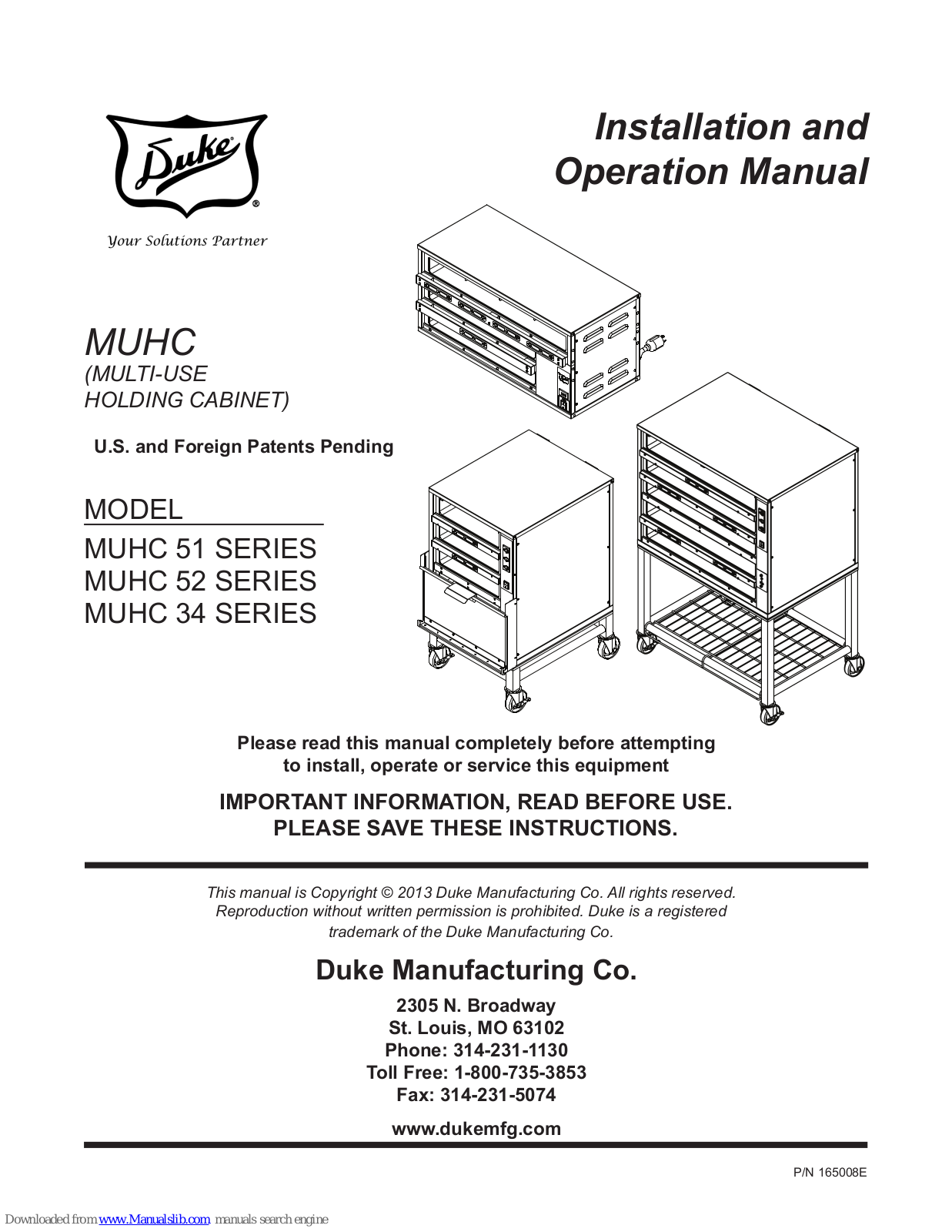 Duke MUHC 51 SERIES, MUHC 52 SERIES, MUHC 34 SERIES Installation And Operation Manual