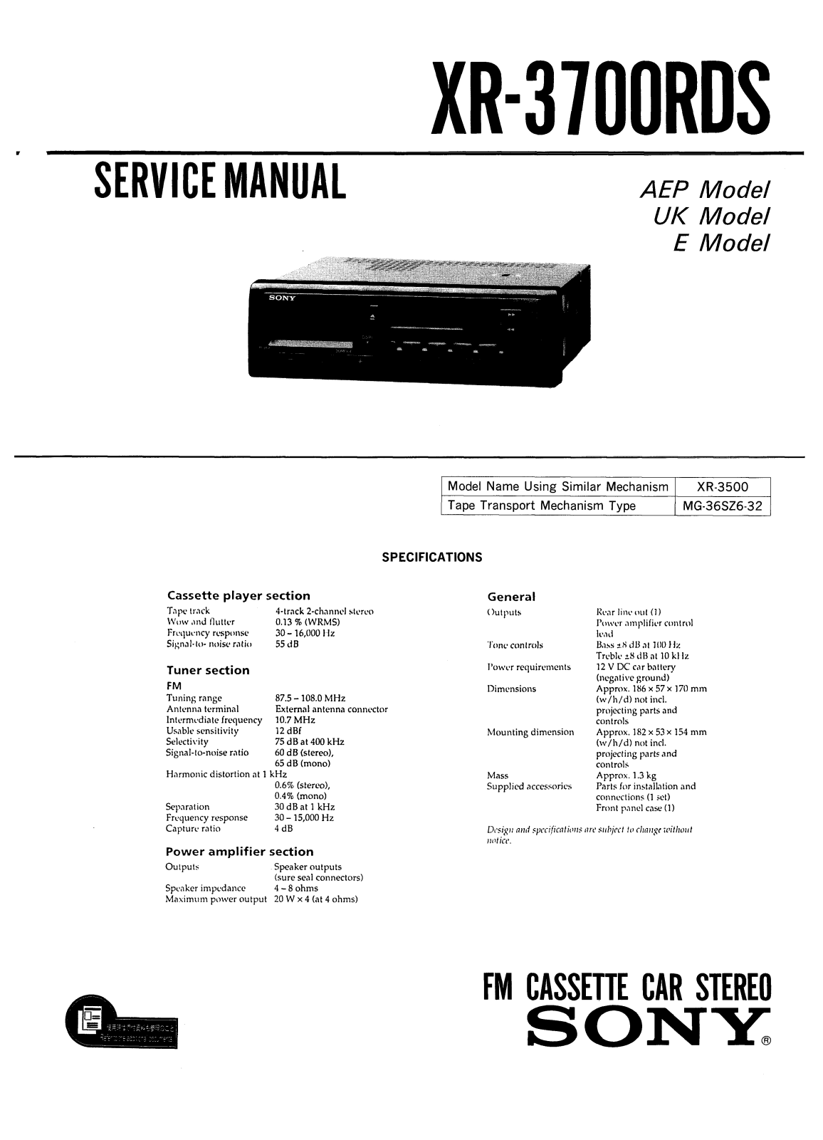 Sony XR-3700-RDS Service manual