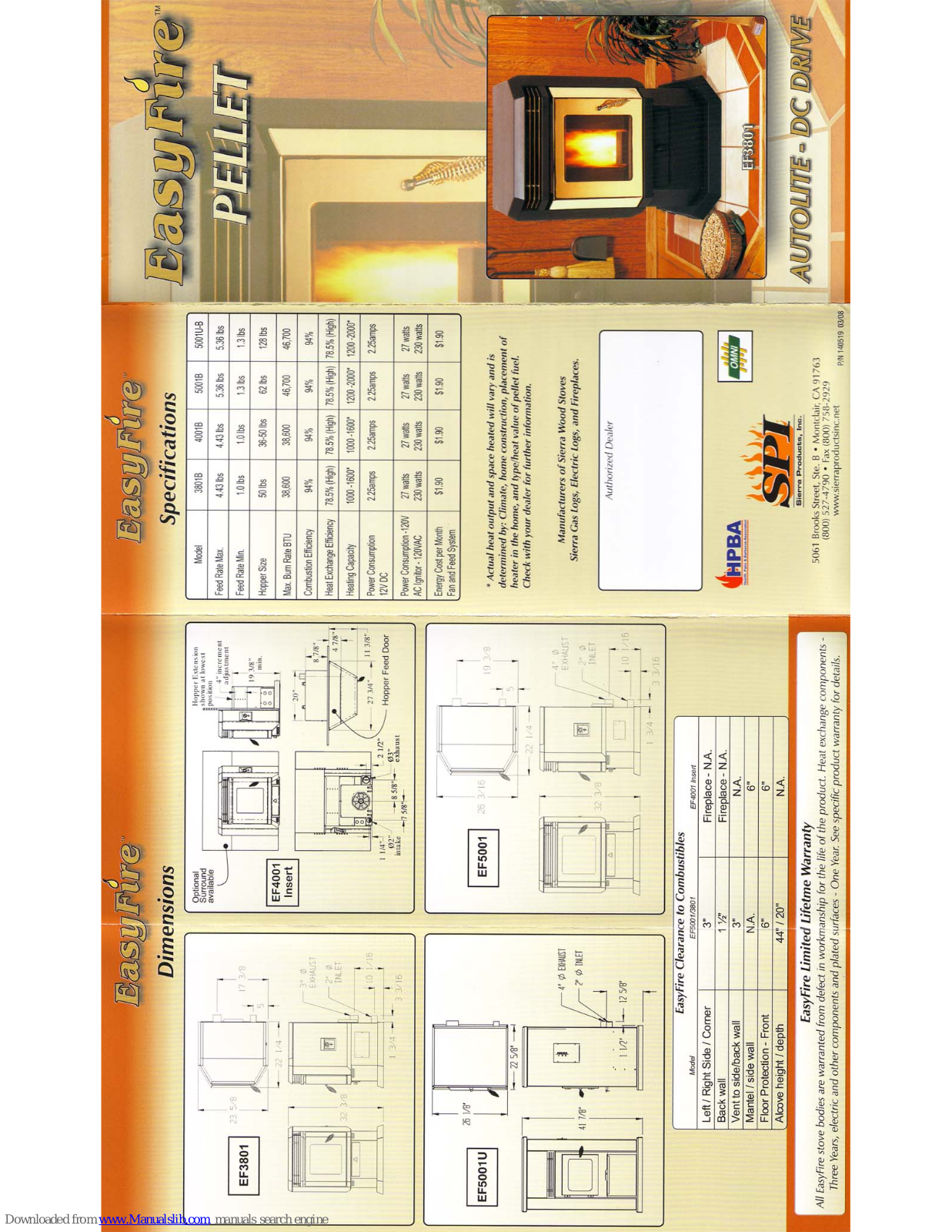 Sierra Products Easyfire EF3801, Easyfire EF3801B, Easyfire EF4001N, Easyfire EF5001B, Easyfire EF5001U Specification Sheet