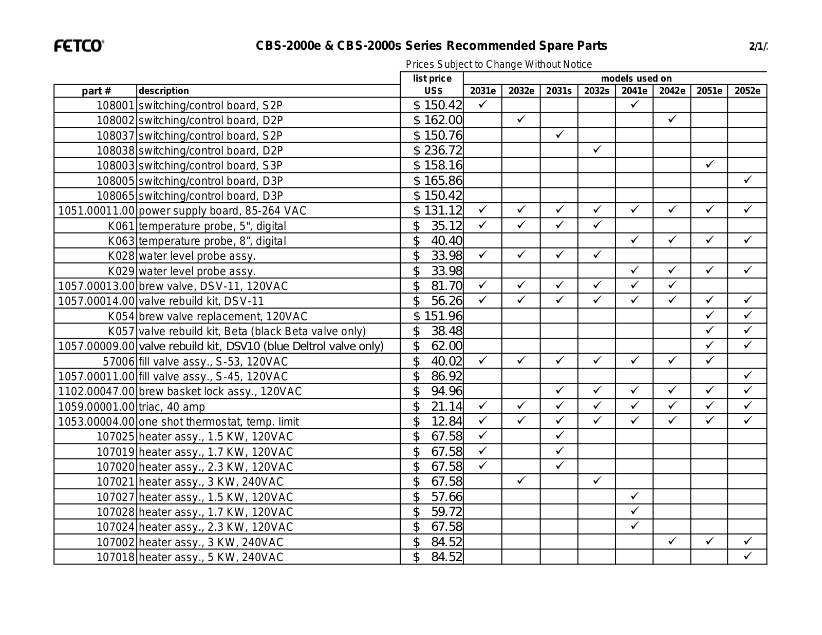 Fetco CBS-2000e Parts List