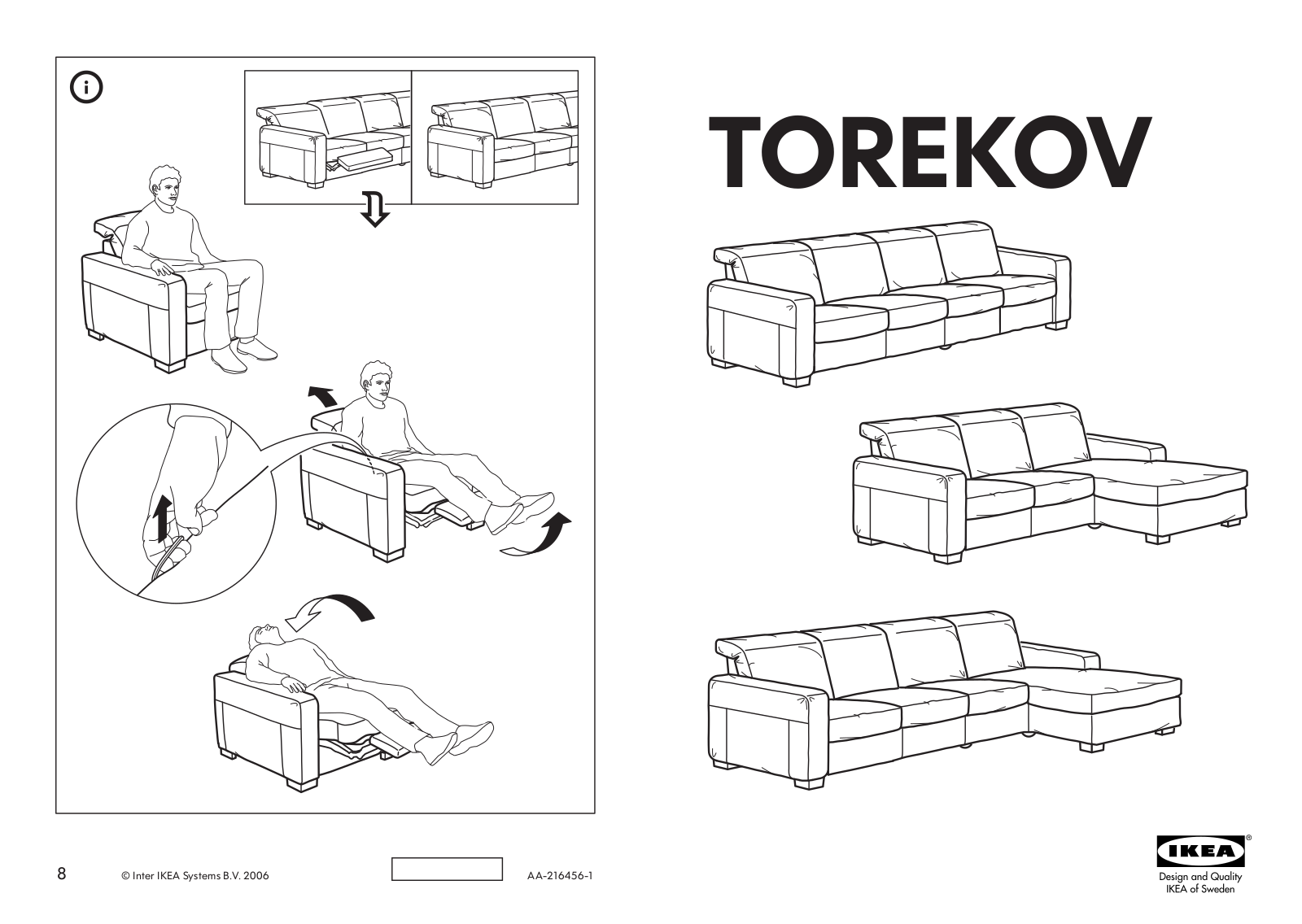 IKEA TOREKOV LOVESEAT W1 ARM W RECLINER, TOREKOV 1 SEAT SECTION, TOREKOV LEFT CHAISE, TOREKOV RIGHT HAND CHAISE Assembly Instruction