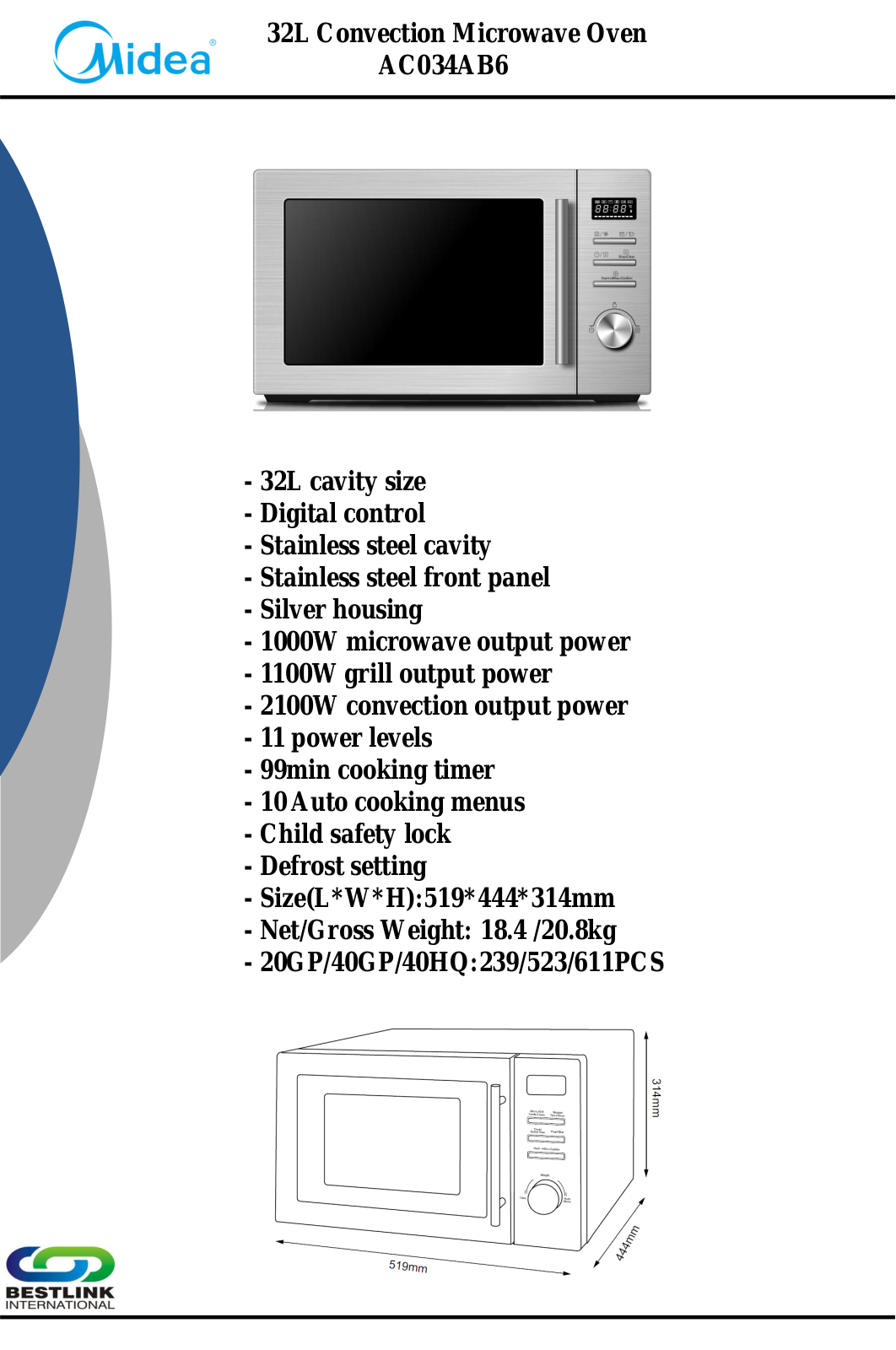 Midea AC034AB6 Specifications Sheet