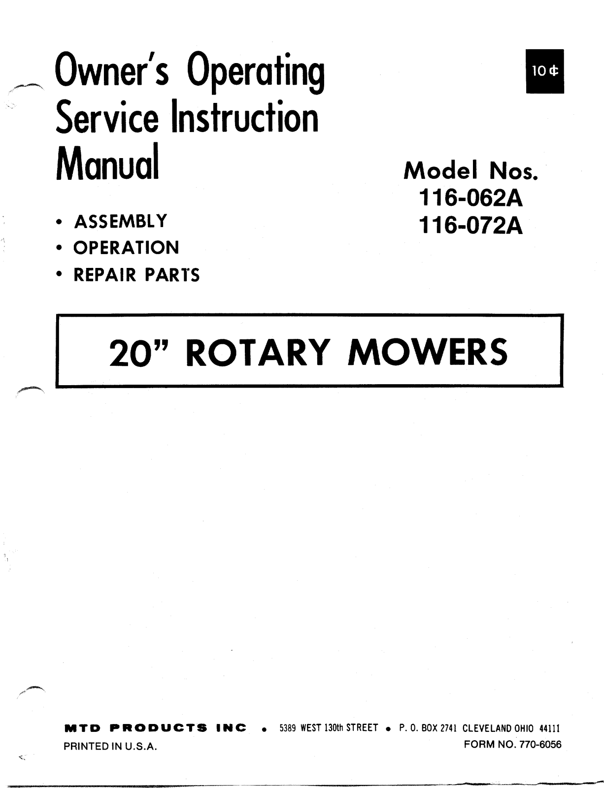 MTD 116-072A, 116-062A User Manual